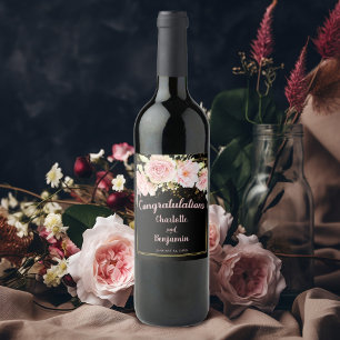 Etiqueta Para Botella De Vino Felicitaciones Rosas de color negro rosado + agua