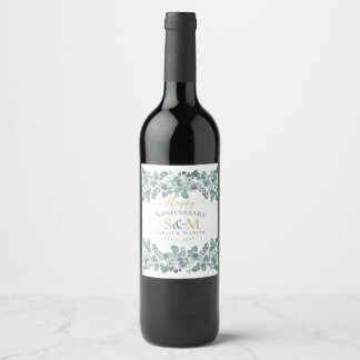 Etiqueta Para Botella De Vino Feliz aniversario monograma hojas verdes jardín