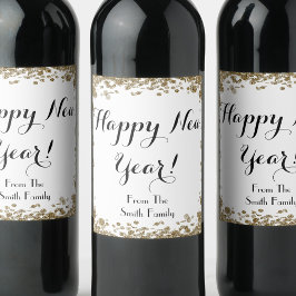 Etiqueta Para Botella De Vino Feliz Año Nuevo Elegante Oro y Blanco