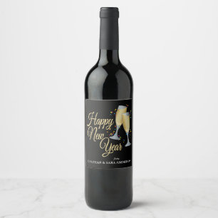 Etiqueta Para Botella De Vino Feliz Año Nuevo esparcen vino y Confetti Personali