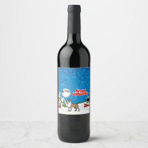 Etiqueta Para Botella De Vino Feliz Boxeador De Navidad Con Un Hombre De Nieve Y