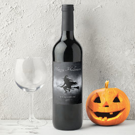 Etiqueta Para Botella De Vino Feliz Bruja Voladora de Halloween personalizada