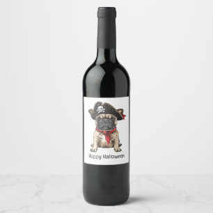 Etiqueta Para Botella De Vino Feliz Bulldog francés pirata de Halloween