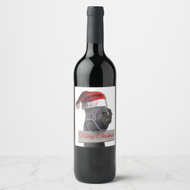 Etiqueta Para Botella De Vino Feliz caballo navideño (Anverso)