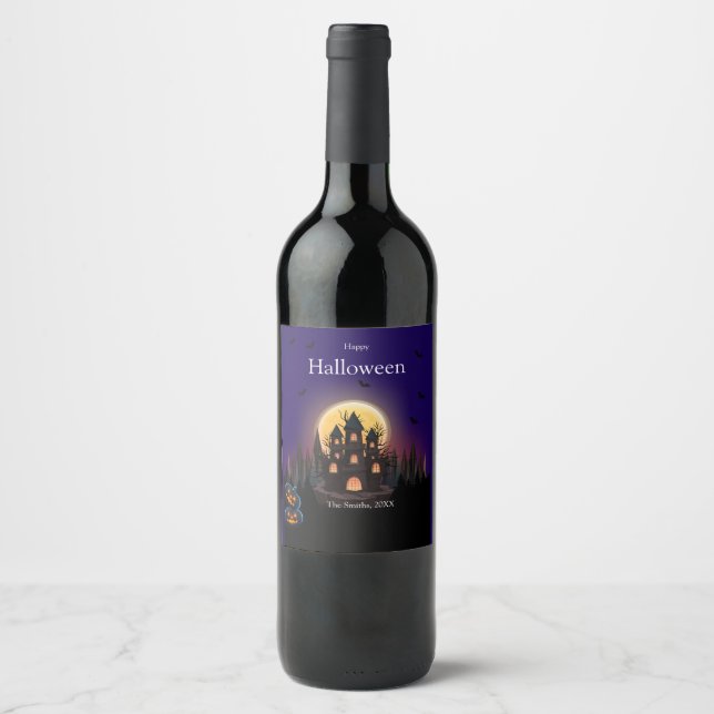 Etiqueta Para Botella De Vino Feliz Castillo de Halloween (Anverso)