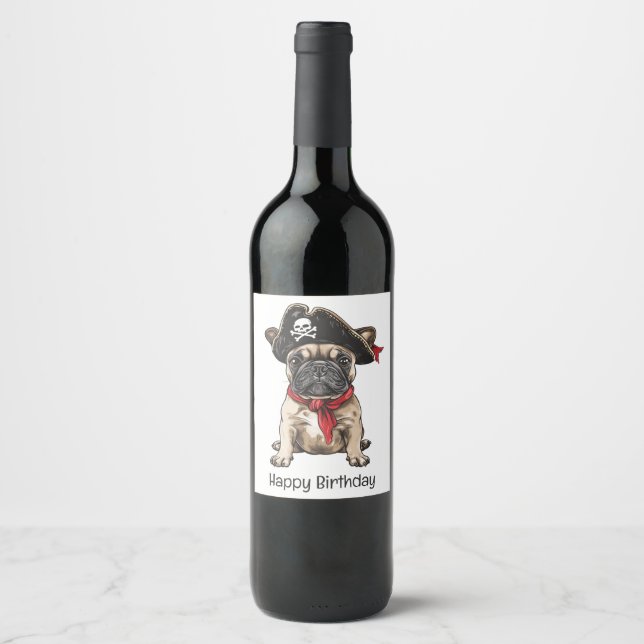 Etiqueta Para Botella De Vino Feliz cumpleaños, Bulldog francés pirata (Anverso)