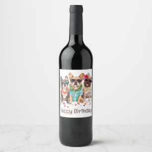 Etiqueta Para Botella De Vino Feliz Cumpleaños Bulldogs Franceses Hawaianos Flor