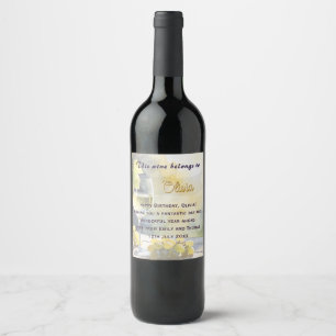Etiqueta Para Botella De Vino Feliz Cumpleaños Copa de Vino Blanco y Uvas Rústic
