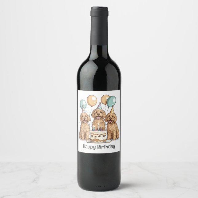 Etiqueta Para Botella De Vino Feliz cumpleaños Goldendoodle Dogs (Anverso)