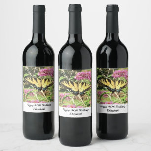 Etiqueta Para Botella De Vino Feliz Cumpleaños Mariposa Amarilla Flores Rosas 