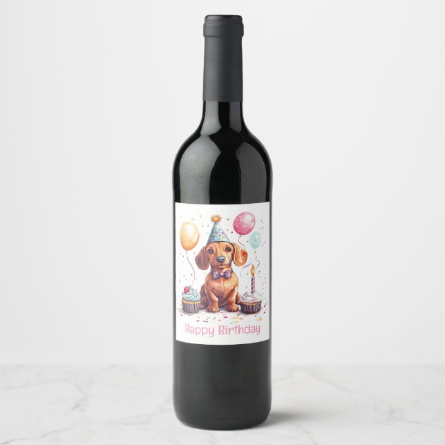 Etiqueta Para Botella De Vino Feliz cumpleaños perro Dachshund  (Anverso)