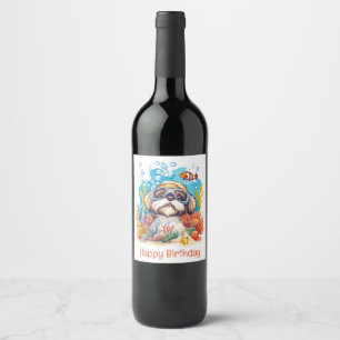Etiqueta Para Botella De Vino Feliz Cumpleaños Perro Shih Tzu Snorkel en Arrecif