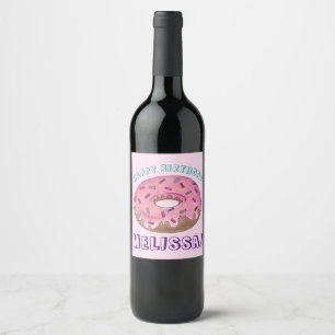 Etiqueta Para Botella De Vino Feliz cumpleaños Pink Donut Doughnut Party Favor