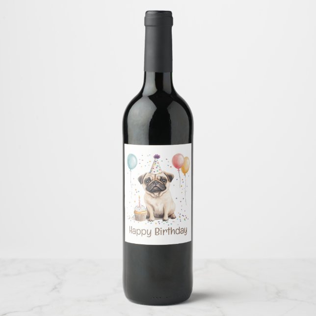 Etiqueta Para Botella De Vino Feliz Cumpleaños Pug Perro (Anverso)