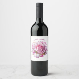 Etiqueta Para Botella De Vino Feliz Cumpleaños Rosas Rosadas y Diamantes Brillan
