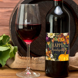 Etiqueta Para Botella De Vino Feliz Día de Acción de Gracias Amistad otoño flora