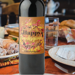 Etiqueta Para Botella De Vino Feliz Día de Acción de Gracias Cae, Wreath