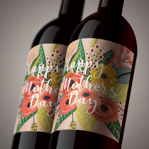 Etiqueta Para Botella De Vino Feliz Día de la Madre Moderno Colorido Floral Scri