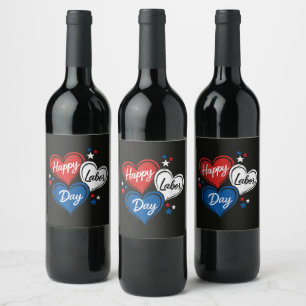 Etiqueta Para Botella De Vino Feliz Día del Trabajo Corazones Patrióticos Rojo B