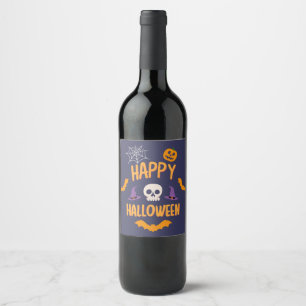 Etiqueta Para Botella De Vino Feliz diseño de naranja de murciélago de calabaza 