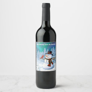 Etiqueta Para Botella De Vino Feliz escena invernal de muñeco de nieve y pájaros