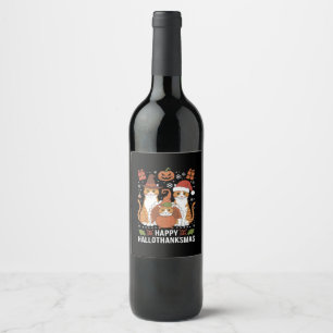 Etiqueta Para Botella De Vino Feliz Hallothanksmas Gatos Halloween Navidad 