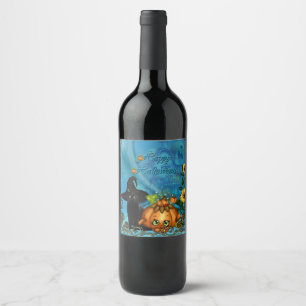 Etiqueta Para Botella De Vino Feliz Halloween con gato gracioso