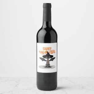 Etiqueta Para Botella De Vino Feliz Halloween. Gato con alas y gorra de bruja