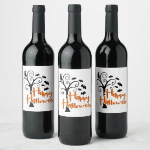 Etiqueta Para Botella De Vino Feliz Halloween Naranja Negro Árbol Muerto Murciél