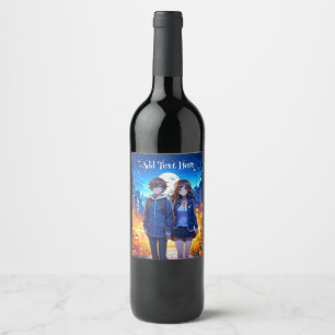 Etiqueta Para Botella De Vino Feliz Halloween Pareja de Anime Tomados de la Ma