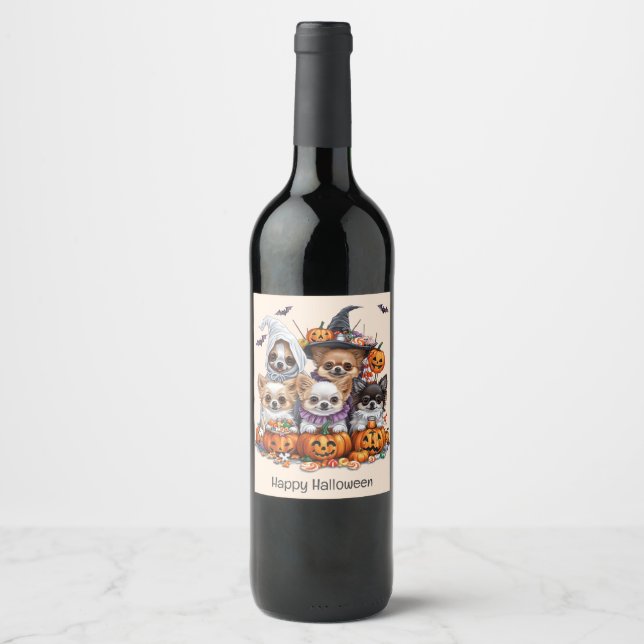 Etiqueta Para Botella De Vino Feliz Halloween Perros Chihuahua (Anverso)