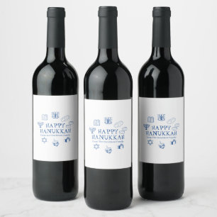 Etiqueta Para Botella De Vino Feliz Hanukkah azul blanco nombre de regalo