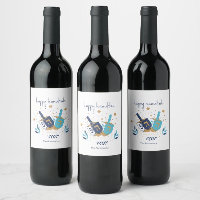 Etiqueta Para Botella De Vino Feliz Hanukkah Floral Dreidel (Botellas)