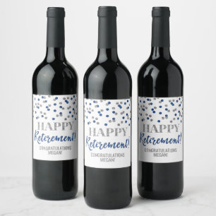 Etiqueta Para Botella De Vino Feliz Jubilación Confeti Azul Plateado