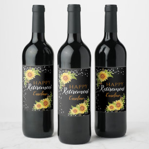 Etiqueta Para Botella De Vino Feliz Jubilación Floral Girasol Negro