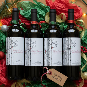 Etiqueta Para Botella De Vino Feliz Navidad Abedules y pájaros cardenales azules