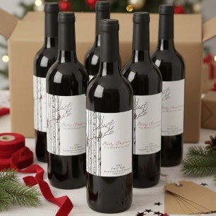 Etiqueta Para Botella De Vino Feliz Navidad Abedules y pájaros cardenales blanco