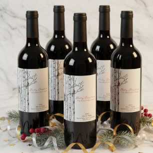 Etiqueta Para Botella De Vino Feliz Navidad Abedules y Pájaros Cardinales Marfil
