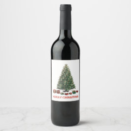 Etiqueta Para Botella De Vino Feliz Navidad. Árbol (diseño 1) con regalos