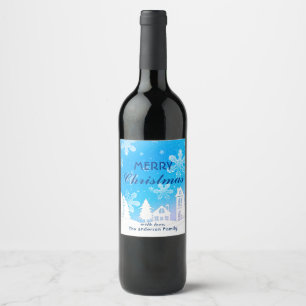 Etiqueta Para Botella De Vino Feliz Navidad Azul Casa Blanca Personalizado de co