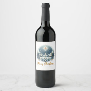 Etiqueta Para Botella De Vino Feliz Navidad azul y dorado