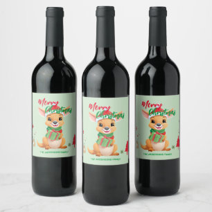 Etiqueta Para Botella De Vino Feliz Navidad Bebé Kangaroo Santa Scarf hol