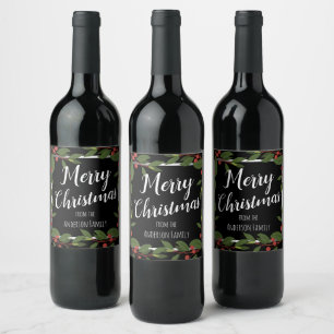 Etiqueta Para Botella De Vino Feliz Navidad Berries Floral