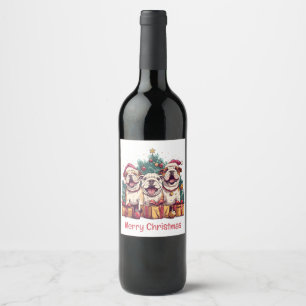 Etiqueta Para Botella De Vino Feliz Navidad Bulldog inglés Santa Hats