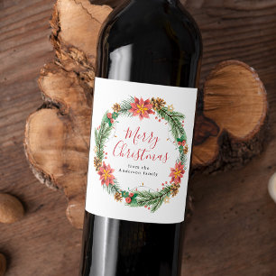 Etiqueta Para Botella De Vino Feliz Navidad con Poinsettia Acuarela Vintage