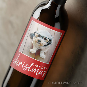 Etiqueta Para Botella De Vino Feliz Navidad con una foto cuadrada - rojo