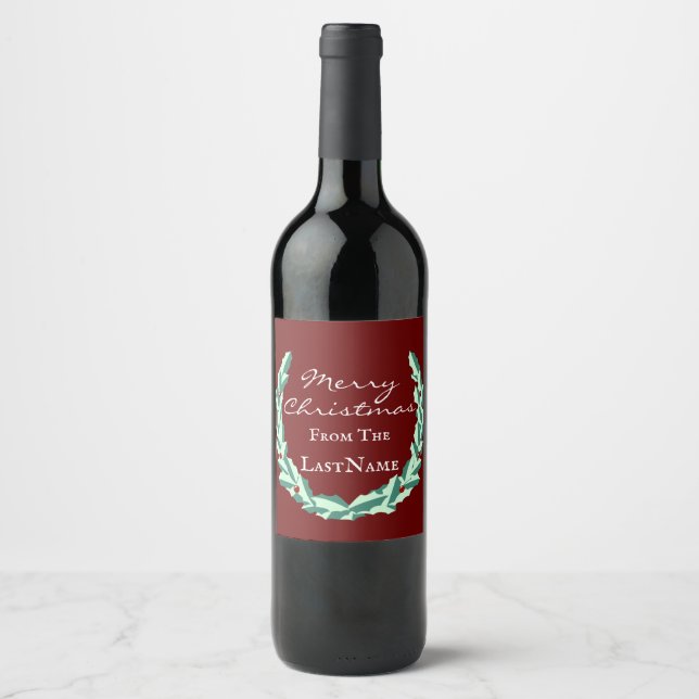 Etiqueta Para Botella De Vino Feliz Navidad con Wreath (Anverso)
