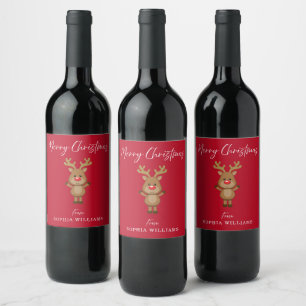 Etiqueta Para Botella De Vino Feliz navidad, el reno de Santa Claus presento roj