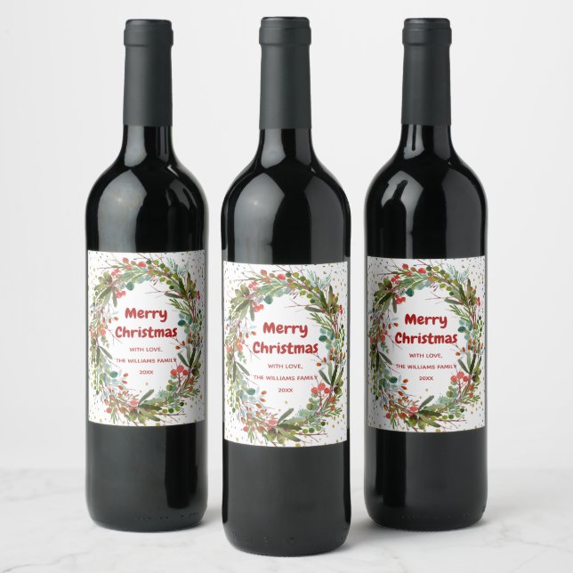 Etiqueta Para Botella De Vino Feliz Navidad Elegante Wreath (Botellas)