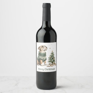 Etiqueta Para Botella De Vino Feliz Navidad English Bulldog Árbol de Navidad